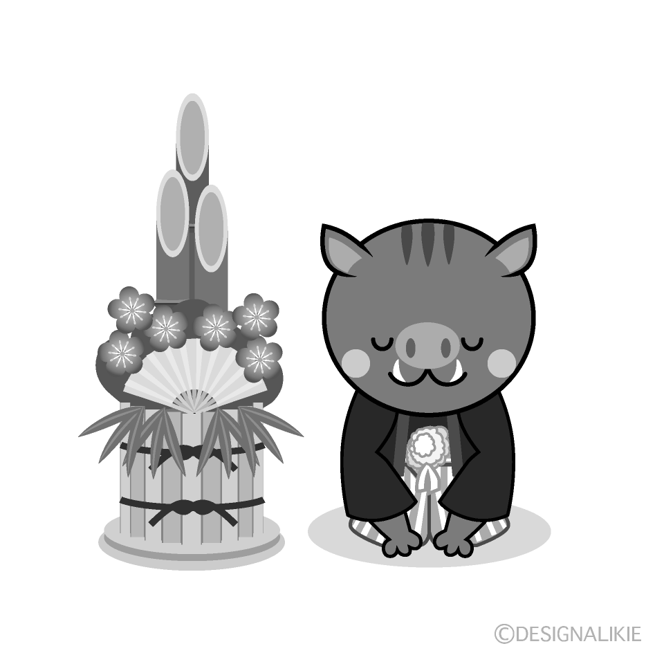 かわいい門松と新年挨拶する猪白黒イラスト