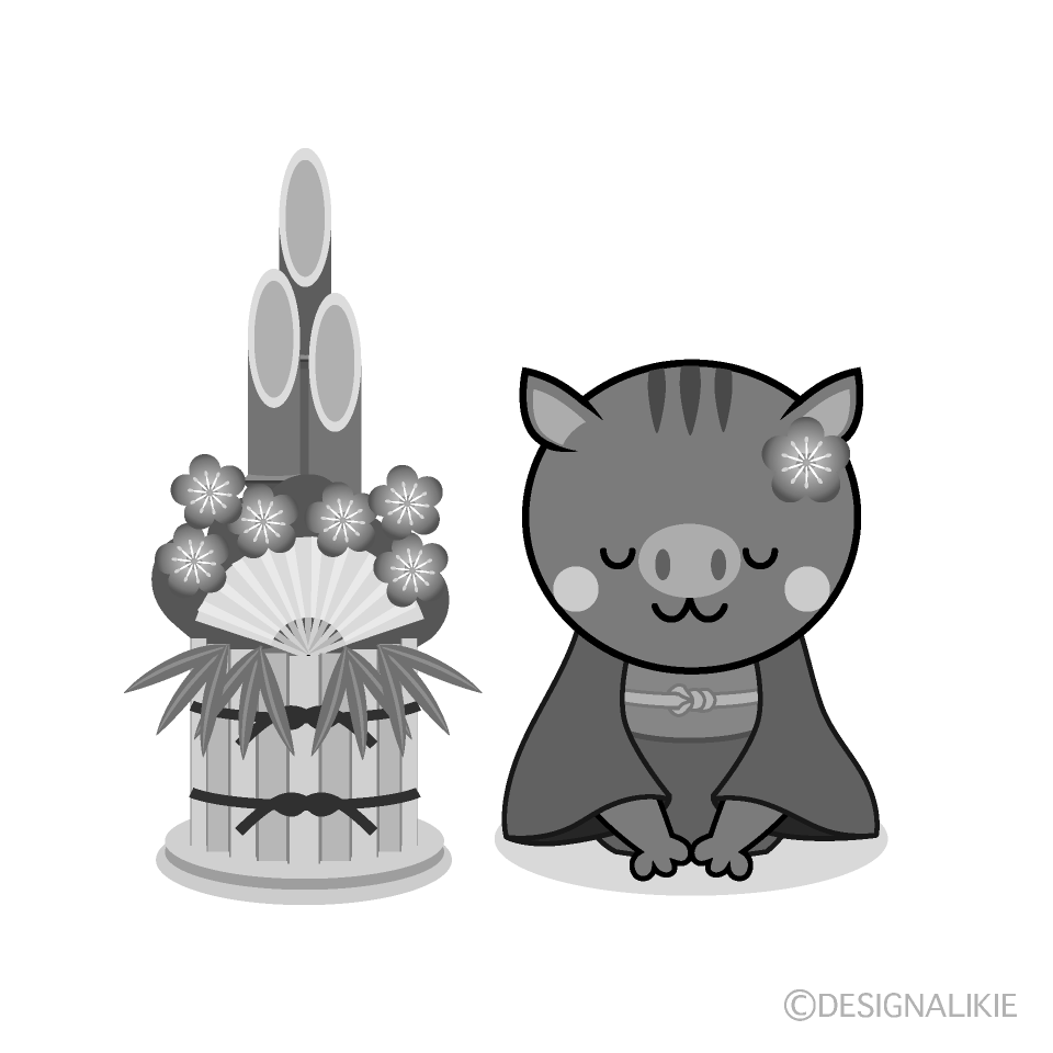 かわいい門松と着物で新年挨拶する猪白黒イラスト