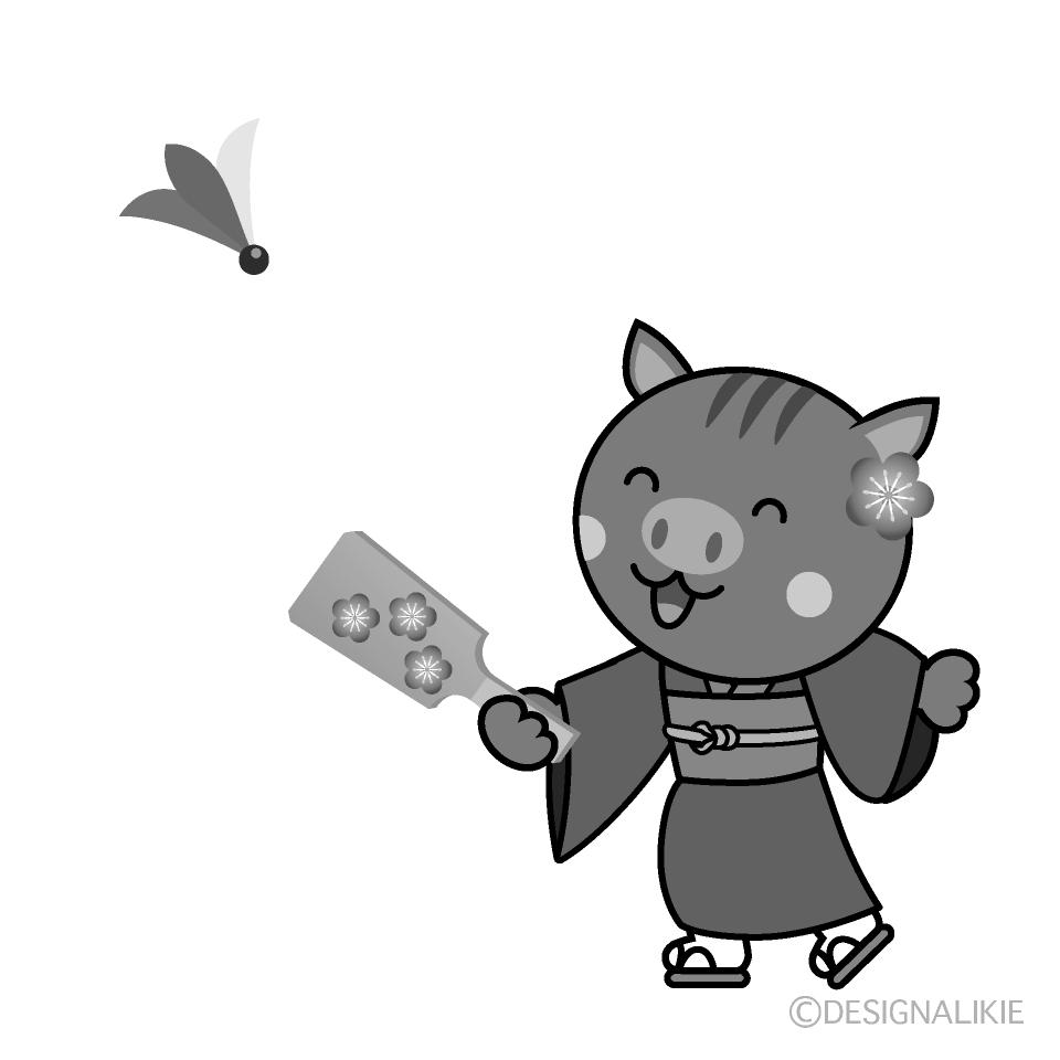 かわいい着物で羽根付きする猪白黒イラスト