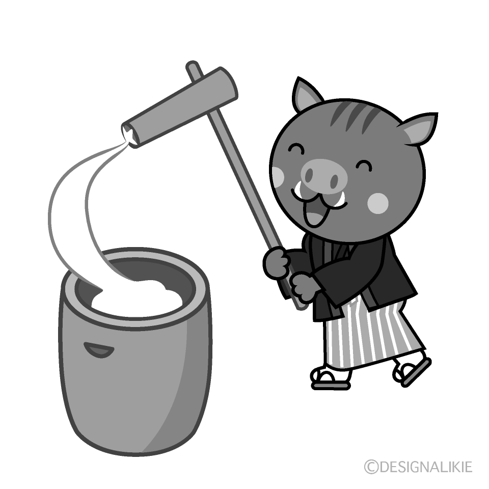 かわいい着物で餅つきする猪白黒イラスト