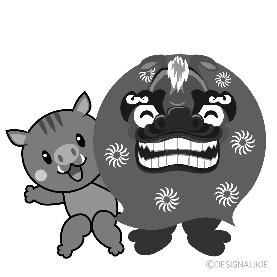 かわいい獅子舞と猪白黒イラスト