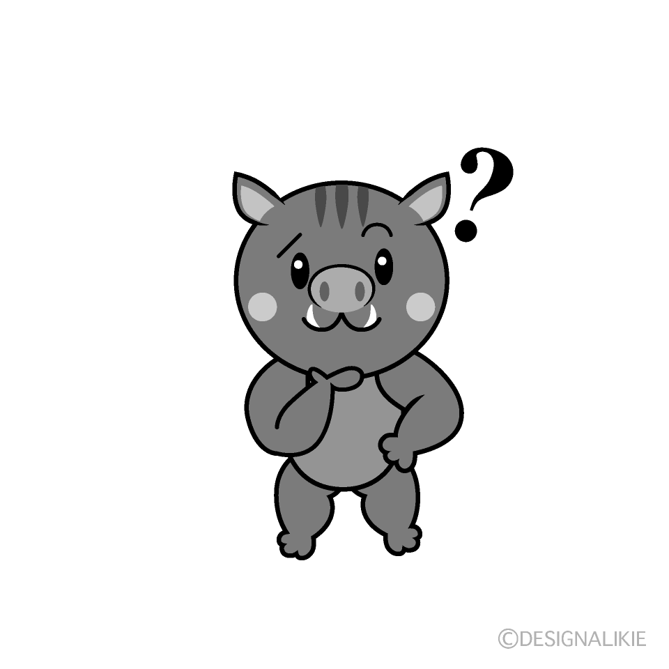 かわいい考えるイノシシ白黒イラスト