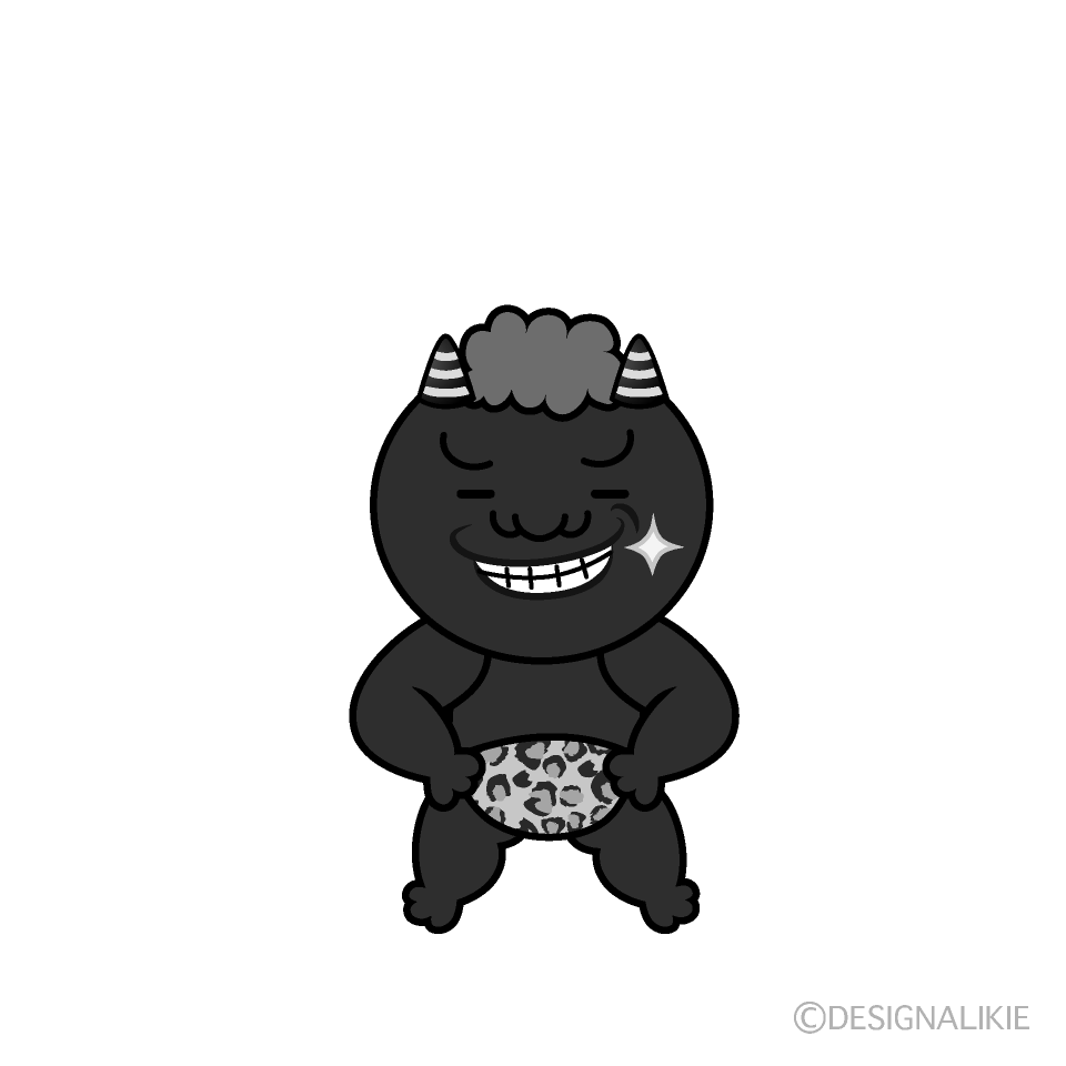 かわいいニヤリの赤鬼白黒イラスト