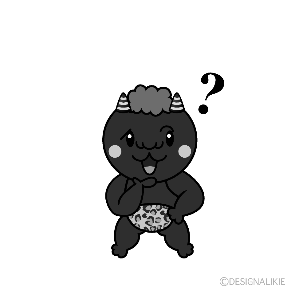 かわいい考える赤鬼白黒イラスト