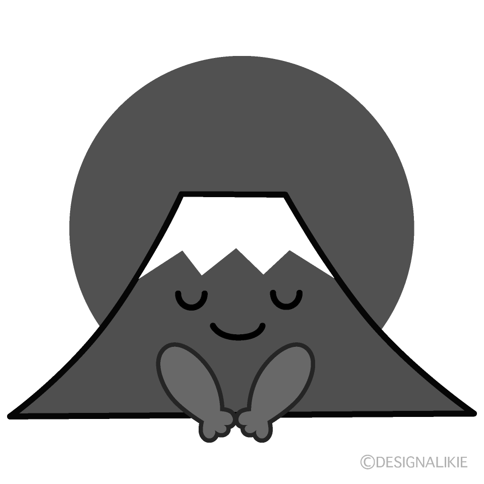 かわいいお辞儀する初日の出白黒イラスト