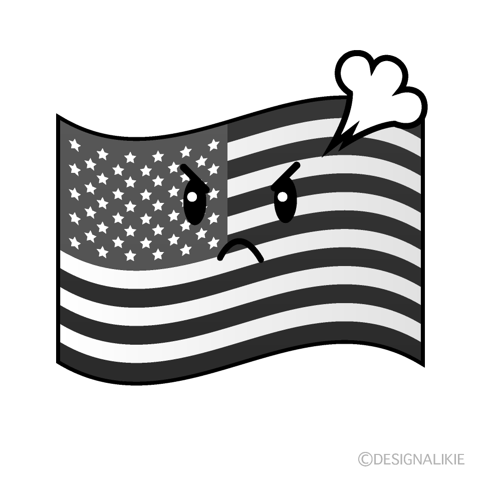 かわいい怒るアメリカ国旗白黒イラスト