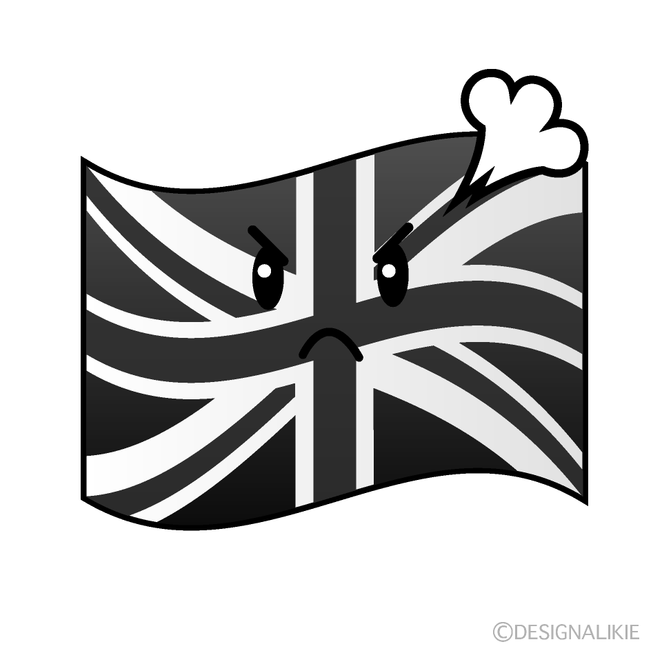 かわいい怒るイギリス国旗白黒イラスト