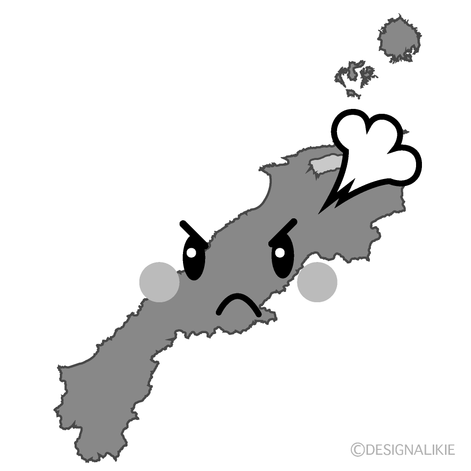 かわいい怒る島根県白黒イラスト