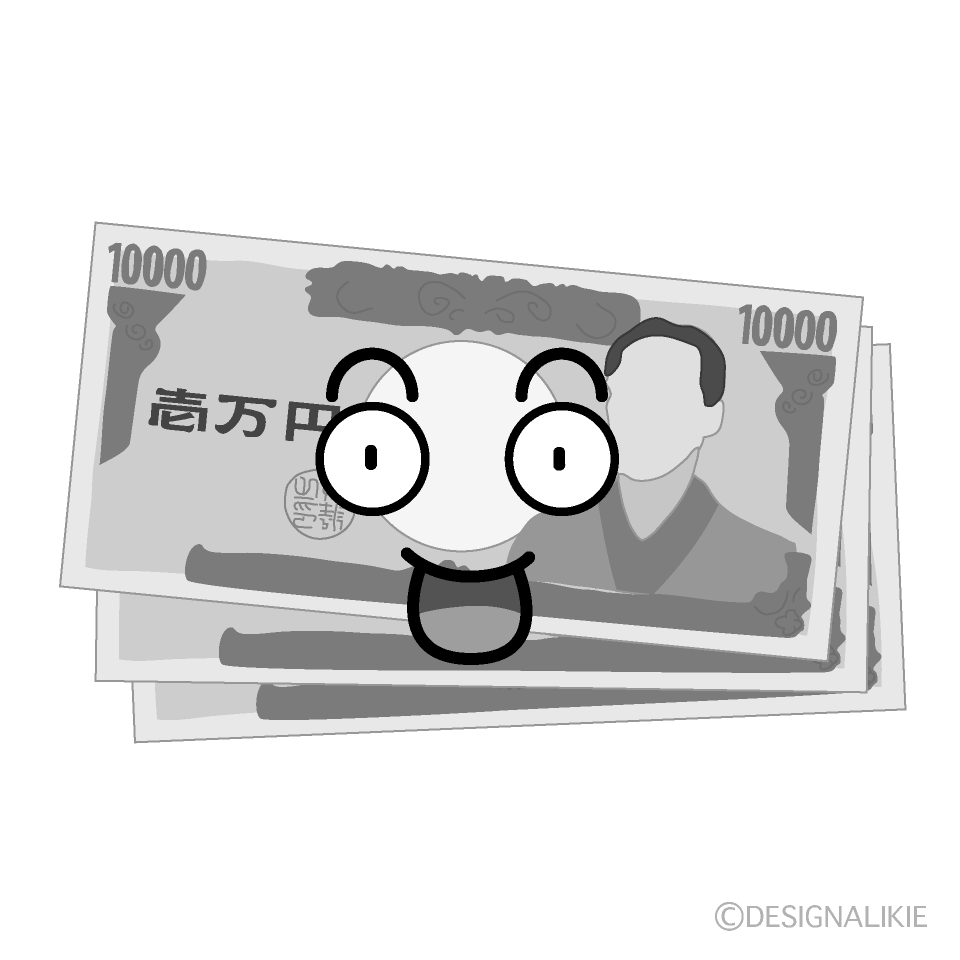 かわいい驚く一万円札白黒イラスト