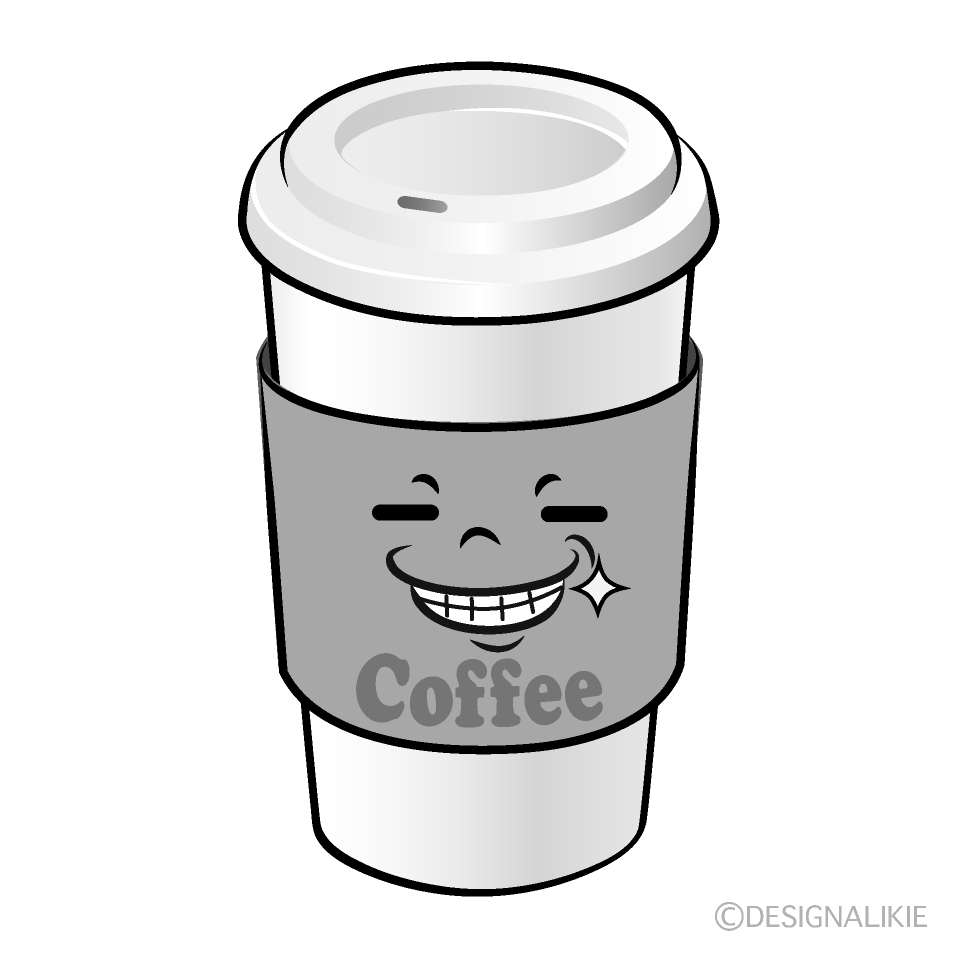 かわいいニヤリの紙カップコーヒー白黒イラスト