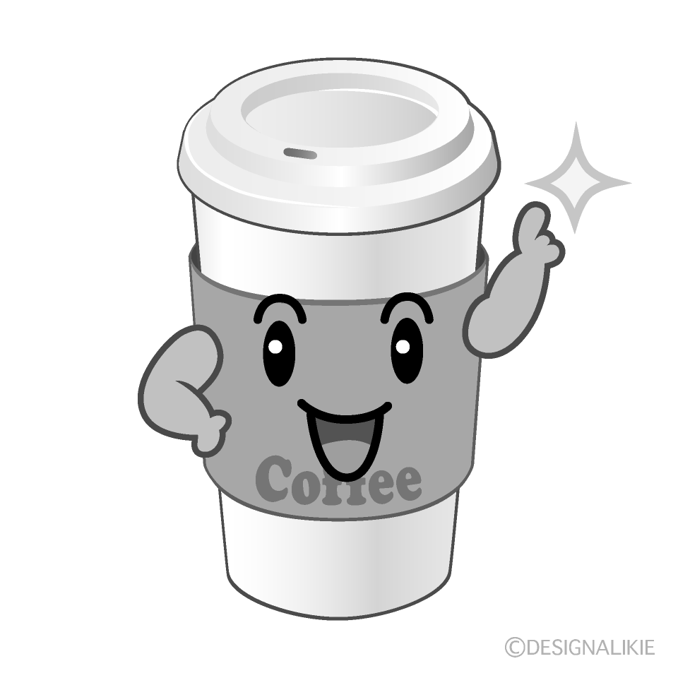 かわいい指差す紙カップコーヒー白黒イラスト