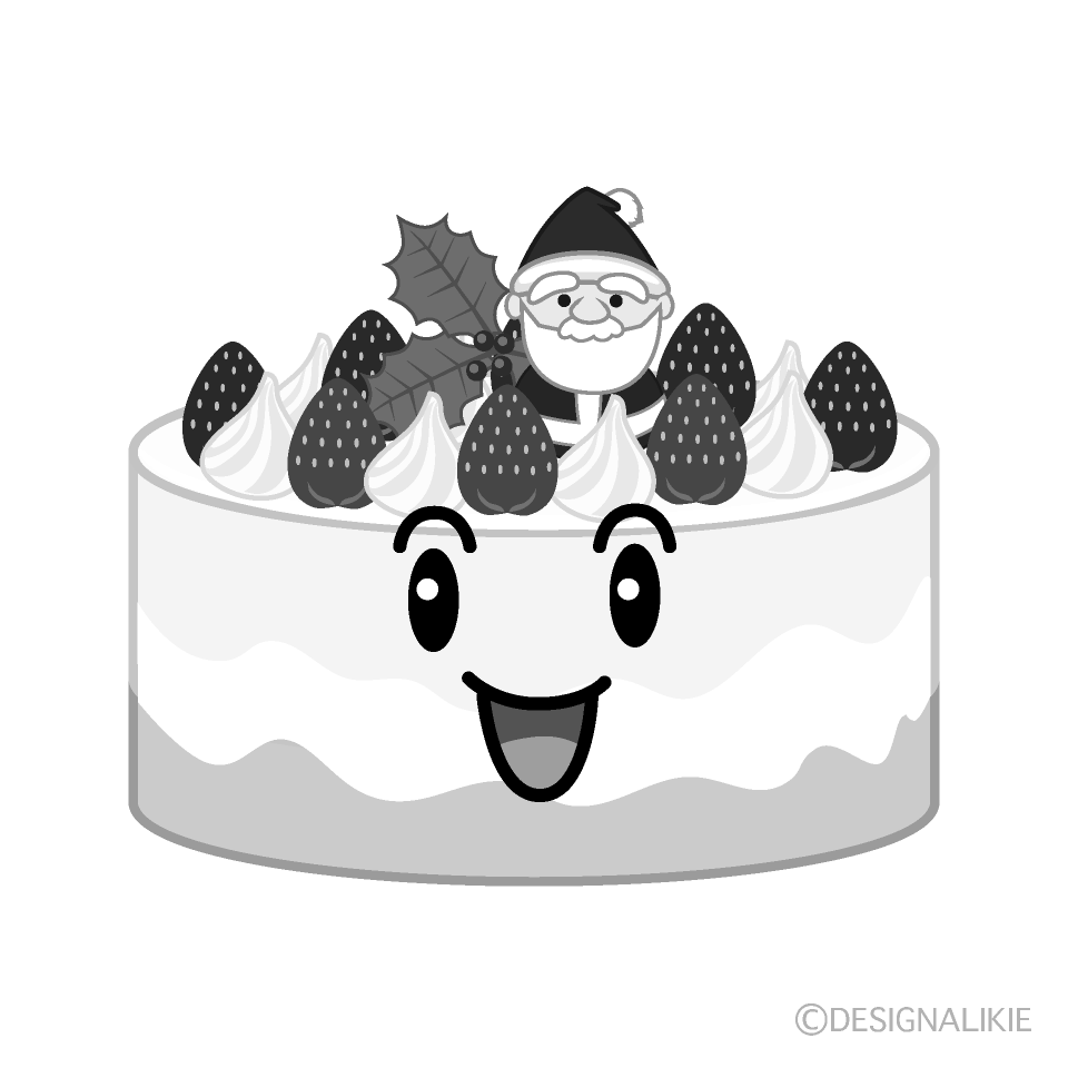 かわいい笑顔のクリスマスケーキ白黒イラスト