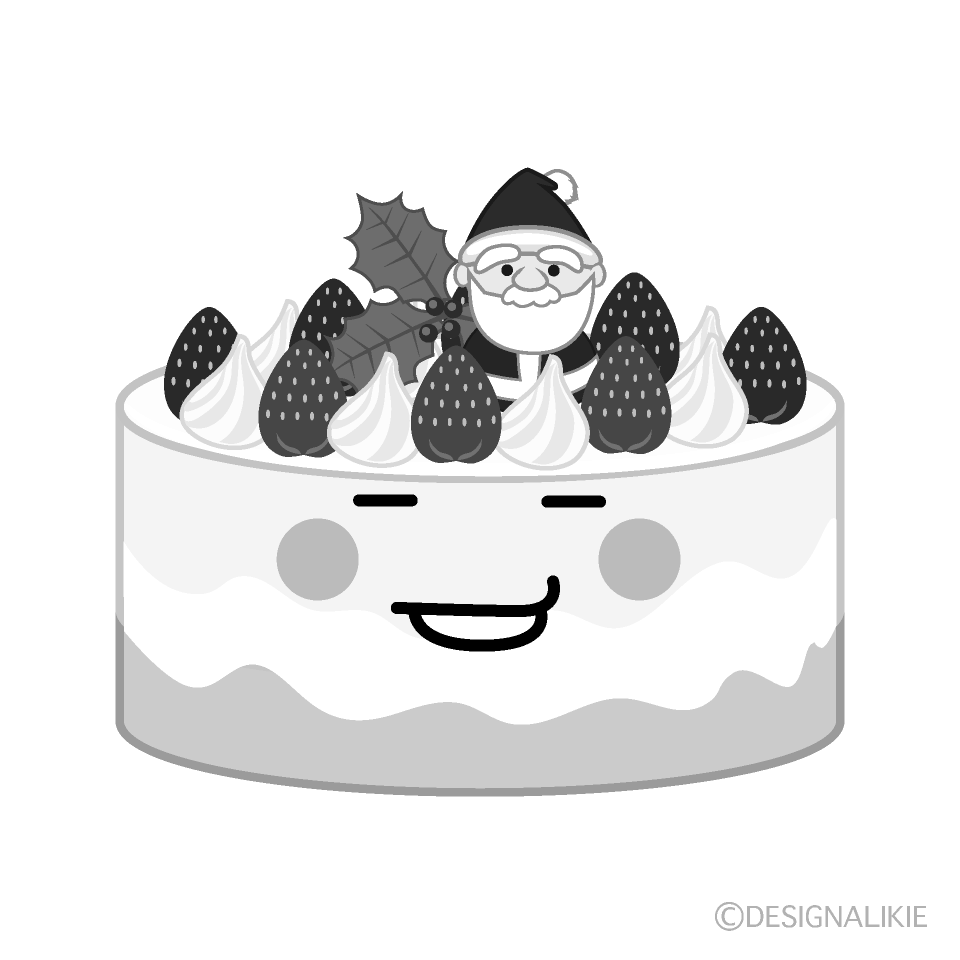 かわいいニヤリのクリスマスケーキ白黒イラスト