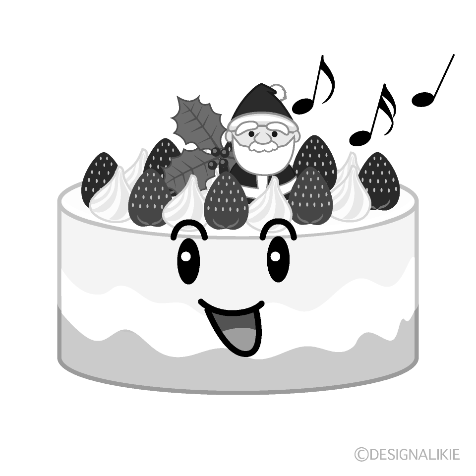 かわいい歌うクリスマスケーキ白黒イラスト