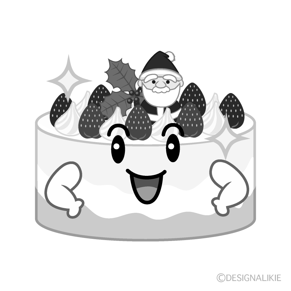 かわいい煌くクリスマスケーキ白黒イラスト