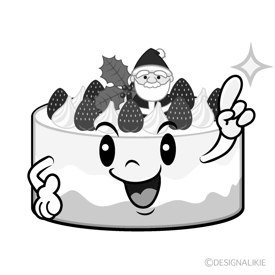 かわいい指差すクリスマスケーキ白黒イラスト