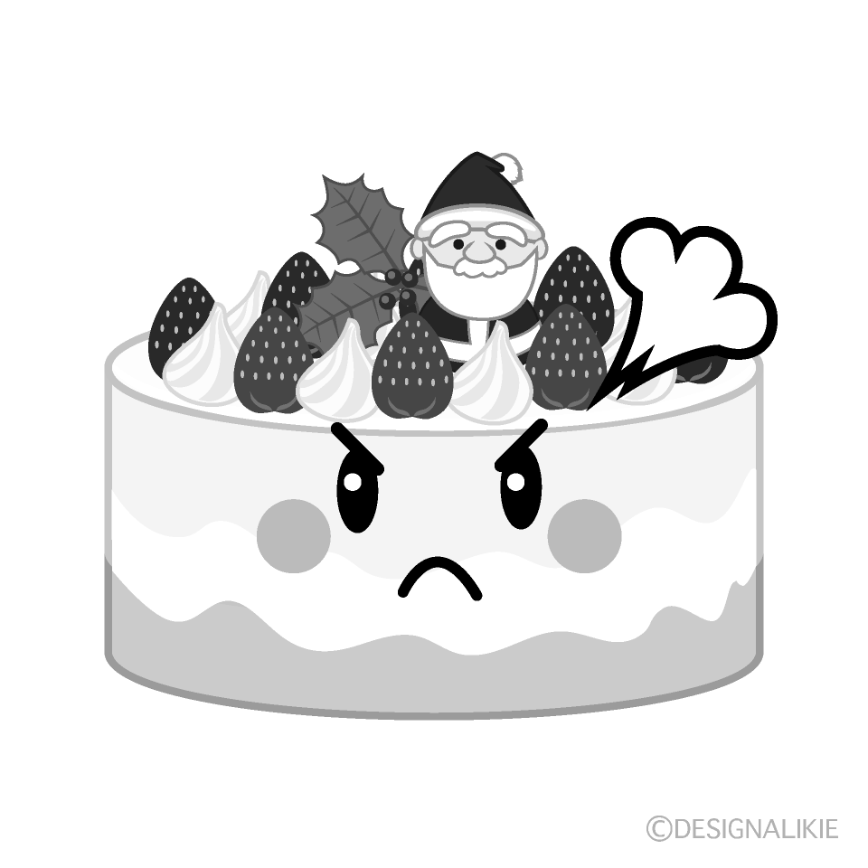 かわいい怒るクリスマスケーキ白黒イラスト