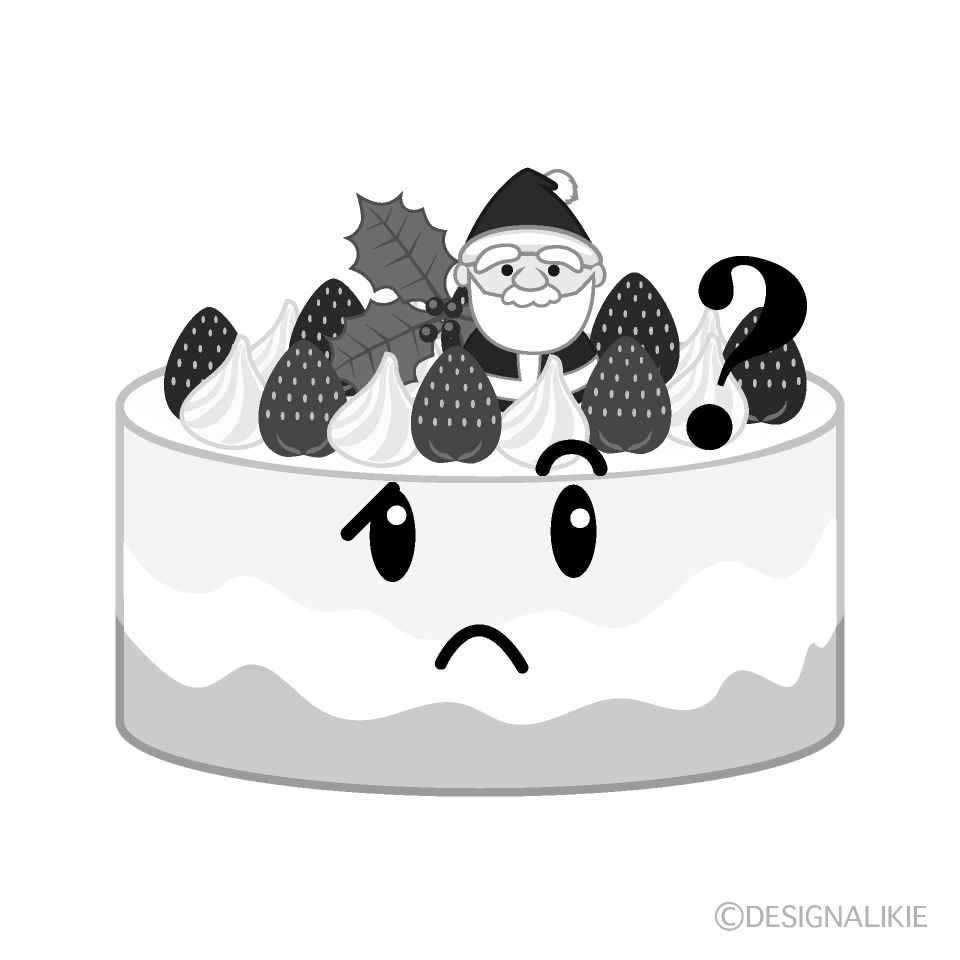 かわいい考えるクリスマスケーキ白黒イラスト