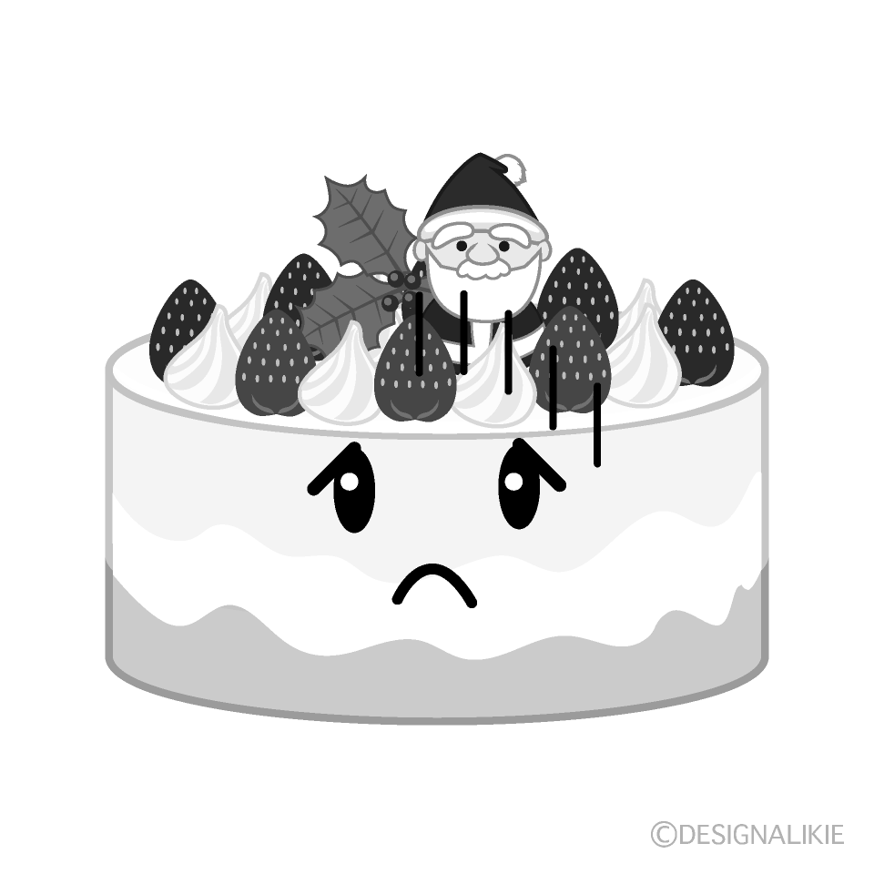 かわいい落ち込むクリスマスケーキ白黒イラスト