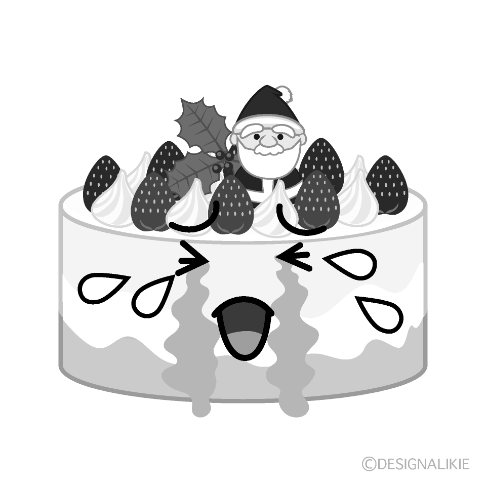 かわいい泣くクリスマスケーキ白黒イラスト