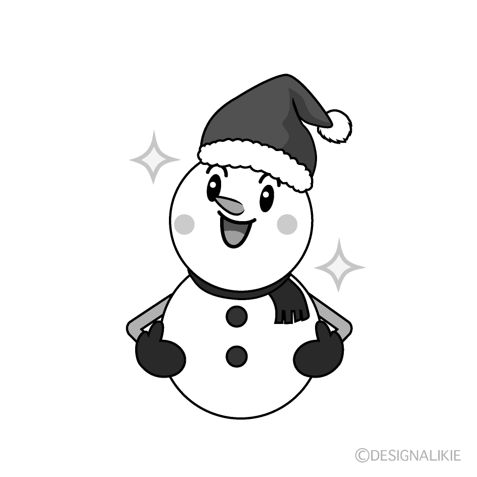 かわいい煌くクリスマス雪だるま白黒イラスト