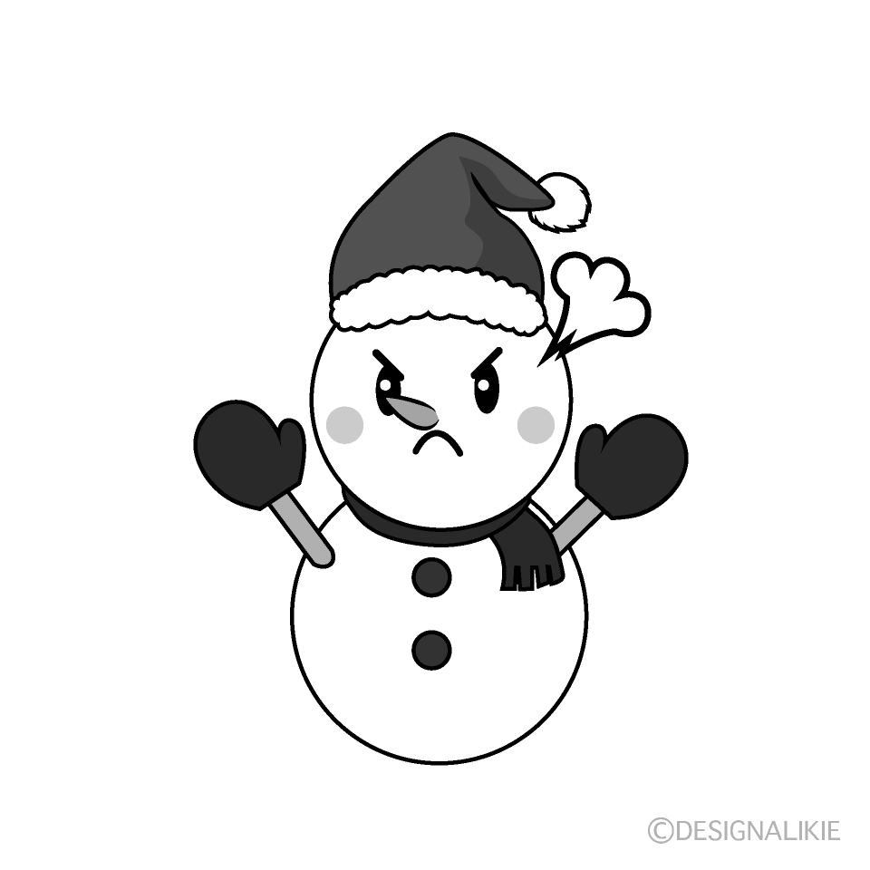 かわいい怒るクリスマス雪だるま白黒イラスト