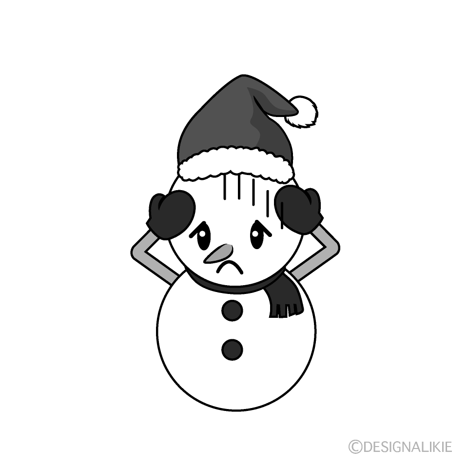 かわいい落ち込むクリスマス雪だるま白黒イラスト