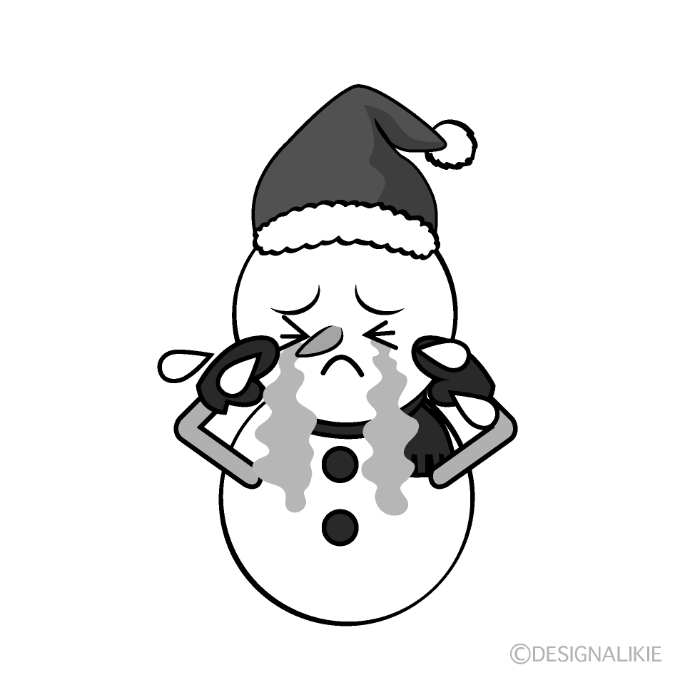 かわいい泣くクリスマス雪だるま白黒イラスト