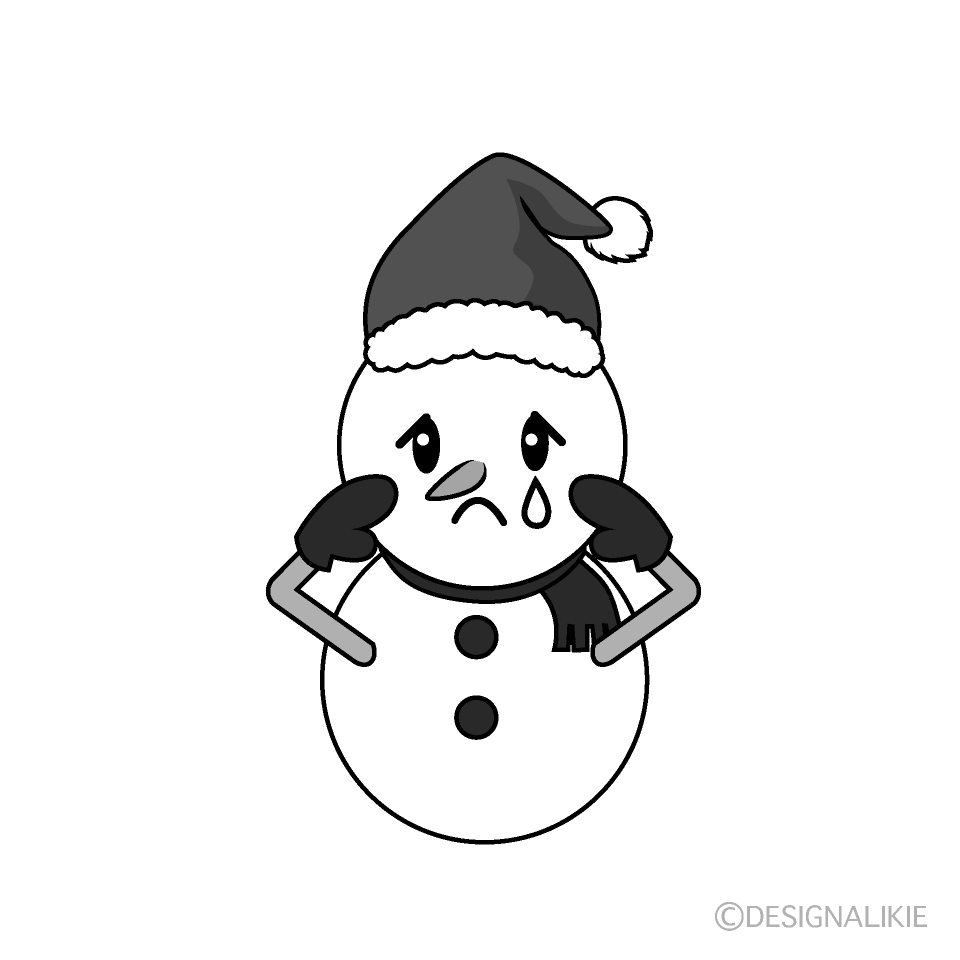 かわいい悲しいクリスマス雪だるま白黒イラスト