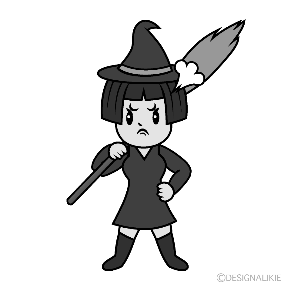 かわいい怒る魔女白黒イラスト