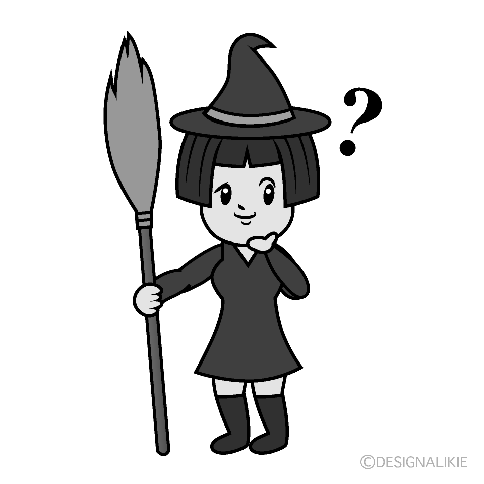 かわいい考える魔女白黒イラスト