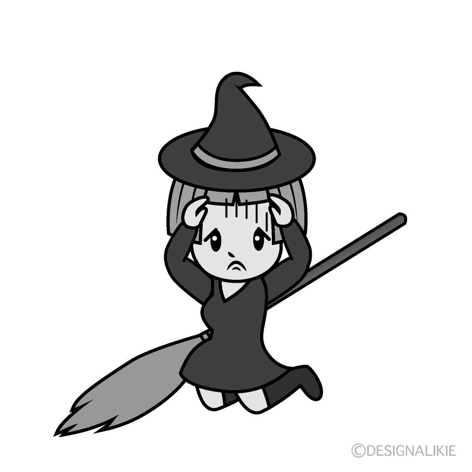 かわいい落ち込む魔女白黒イラスト