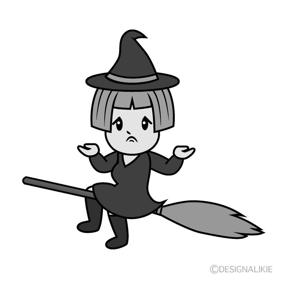 かわいい困る魔女白黒イラスト