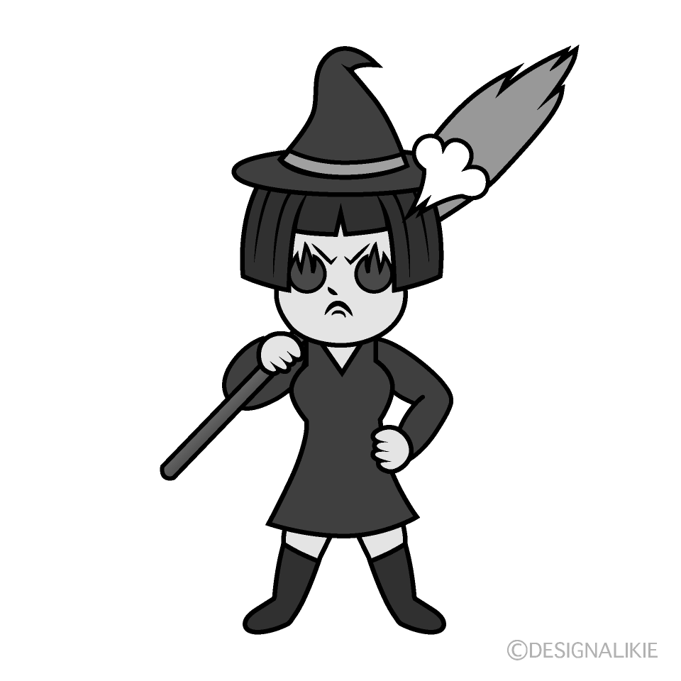 かわいい熱意の魔女白黒イラスト